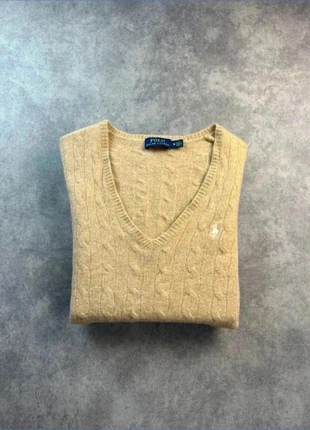 Pull col V torsadé Ralph Lauren / camel beige logo brodé blanc / taille M /femme, marque: Ralph Lauren, état: Très bon état, taille: M / 38 / 10, 40,00 €, 42,70 € Protection acheteurs incluse