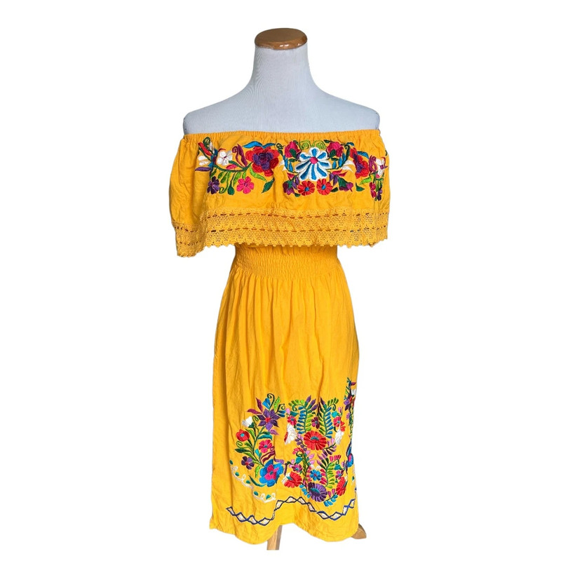 Womens Artesainias Mexican Flower Fiesta Off Shoulder Authentic Dress - Sz L 1