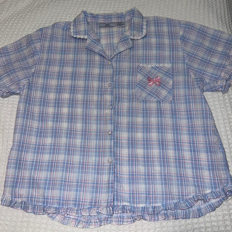 Vintage Blue & Pink Plaid Embroidered Bow Button Up Pajama Top 🎀 5