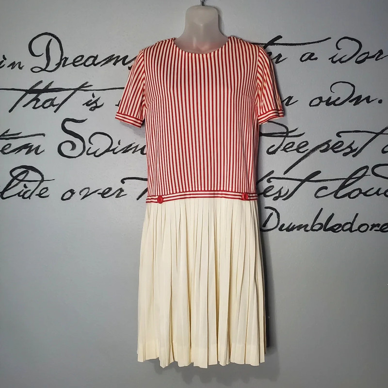 Vintage 1950s Betty Barclay Red & White Striped Drop Waist Day Dress 1