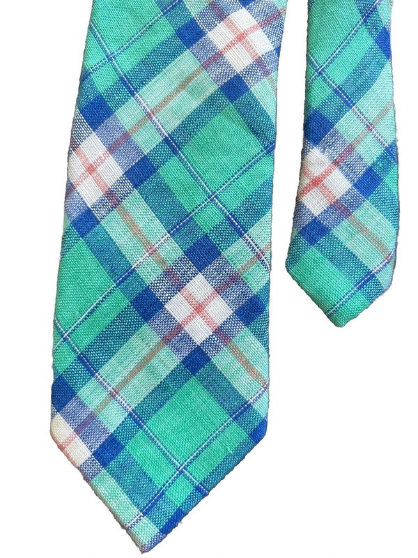 Vtg Penguin Handmade Plaid Men's 100% Linen Tie Blue Green Munsingwear Preppy 3