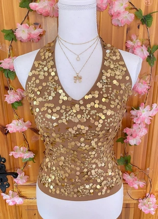 Brown Sequin Halterneck Corset Top | Y2K Glam Partywear., brand: Cute, condition: Very good, size: L / 40 / 12, €20.00, €21.70 includes Buyer Protection
