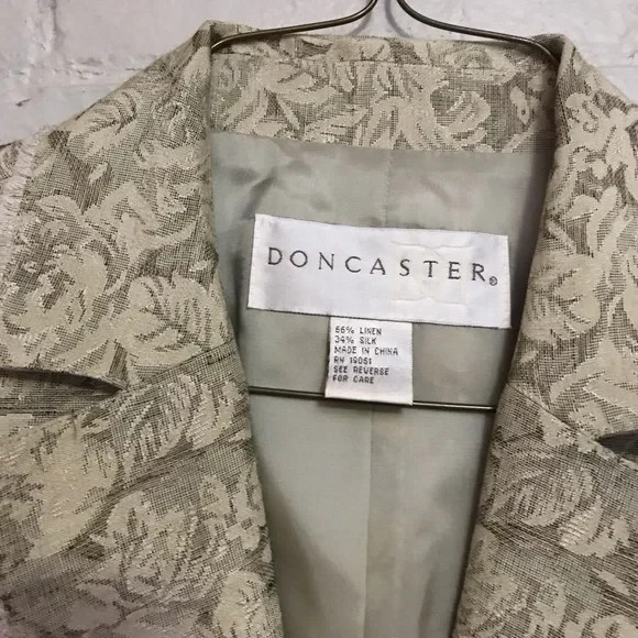 Doncaster 14 Linen Silk Floral Tan Tapestry Frayed Long Sleeve Blazer Jacket 4