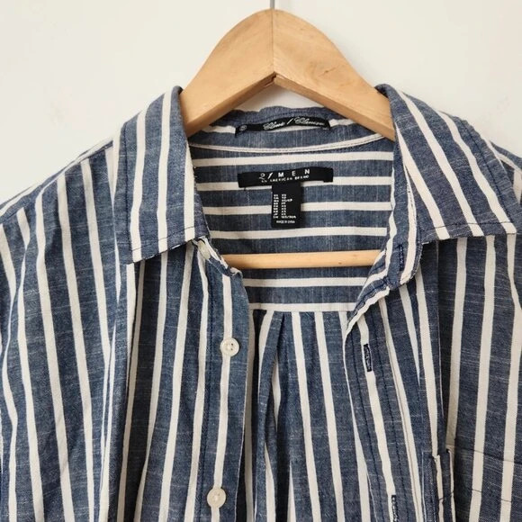 Forever 21 Men's Striped Button Down Shirt Blue White Cotton Linen Look XS 4