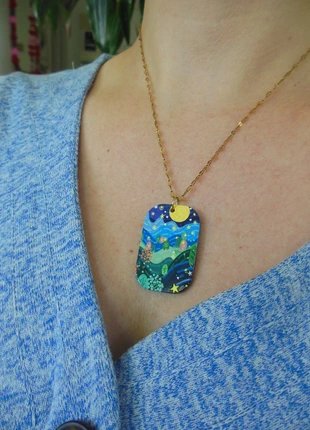 Collier 🌟🌲 Forêt enchantée sous la nuit étoilée 🌌🌿 résine acier inoxydable, condition: Very good, €8.00, €9.10 includes Buyer Protection Pro