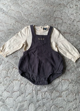 Ensemble barboteuse grise et haut manches longues crème - 12 mois, marque: Kiabi, état: Très bon état, taille: 9-12 mois / 74 cm, 3,00 €, 3,85 € Protection acheteurs incluse