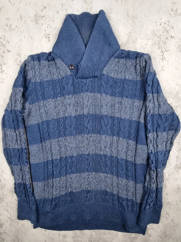 Pull col châle torsadé Tommy Hilfiger rayé bleu & gris – Taille M Homme (mesures en photos) - photo numéro 3