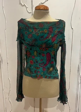 Teal Floral Paisley Semi-Sheer Drape-Neck Top (S–M), marca: Vintage Dressing, estado: Muy bueno, tamaño: S / 36 / 8, 45,00 €, 47,95 € Protección al comprador incluida
