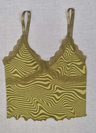 H&M Divided - Olive Green Psychedelic Print Lace Trim Crop Top - Size XS, brand: H&M, condition: Very good, size: XS / 6, £1.99, £2.79 includes Buyer Protection Pro