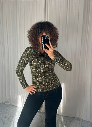 Top vert kaki et doré géométrique stretchy avec fine écharpe intégrée vintage y2k, brand: Vintage Dressing, condition: Very good, size: M / 38 / 10, €35.00, €37.45 includes Buyer Protection Pro