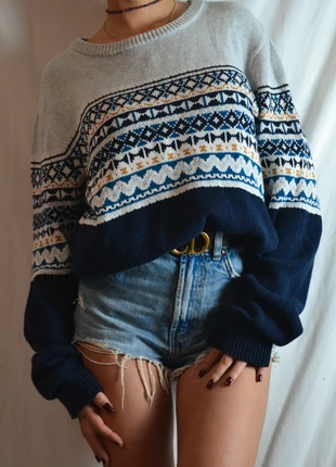 Pull oversize vintage P&B à motifs nordiques bleu marine gris rétro unisexe, brand: Vintage Dressing, condition: Very good, size: L / 40 / 12, €19.90, €21.60 includes Buyer Protection Pro