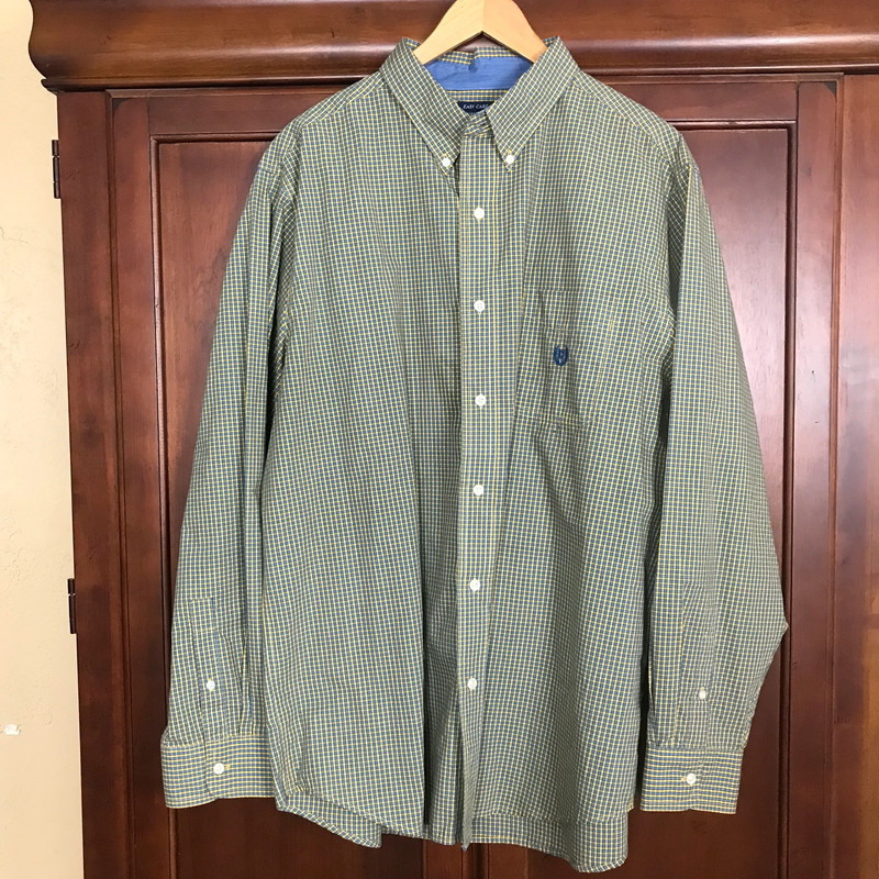 Chaps Easy Care Men Shirt Size XL Button Up Yellow Blue Plaid Long Sleeve 1