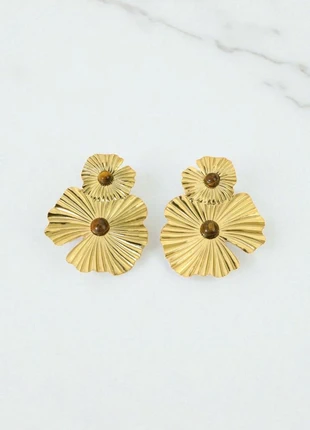 Magnifique boucles d oreilles fleurs pierre naturelle oeil de tigre en acier inoxydable doré, marque: Éclat Paris, état: Neuf sans étiquette, 16,90 €, 18,45 € Protection acheteurs (Pro) incluse