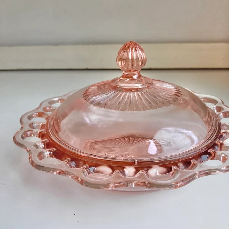 Vintage Pink Depression Glass Open Lace Lidded Dish by Anchor Hocking 7.5 inch 1