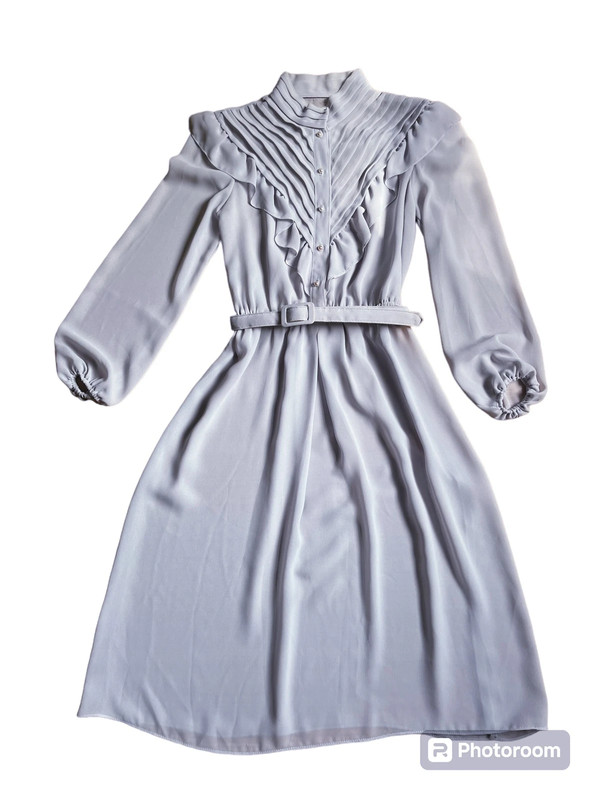 1970s Chiffon Lavender Grey Ruffled Dress 1