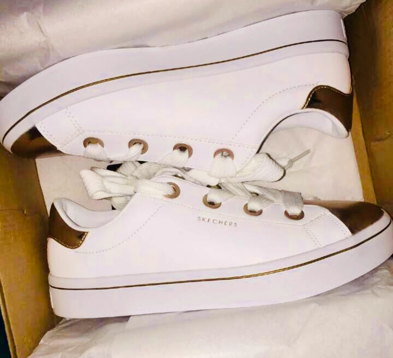 Skechers white and on sale gold