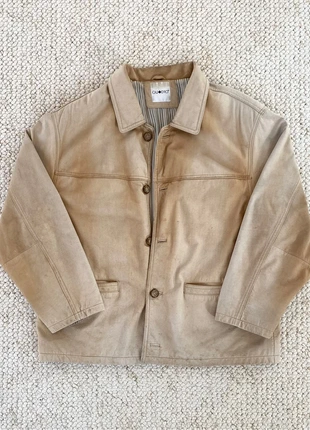 Veste en cuir beige Quadro – style vintage workwear (taille L), merk: Vintage Dressing, staat: Goed, maat: L, € 35,00, € 37,45 inclusief Kopersbescherming