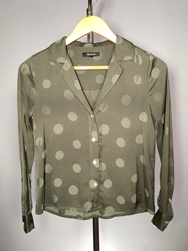 Madewell Silk Dark Green Polka Dot Long Sleeve Button Front Boxy Cut Blouse 1