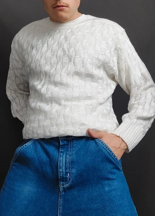 Pull Long Femme Vintage 80s en Maille Crème / Blanc Cassé à Motifs Tressé Monogramme (L), brand: Julietta, condition: Very good, size: L / 40 / 12, €19.00, €20.65 includes Buyer Protection Pro