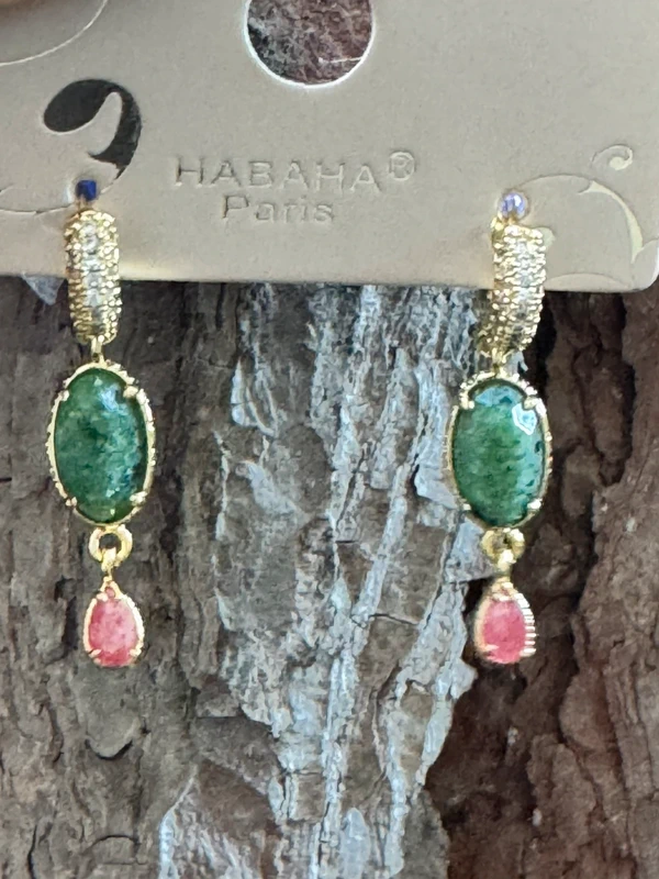Boucles d’oreilles petites créoles zircons amazonite jade rose acier inoxydable or habaha Paris