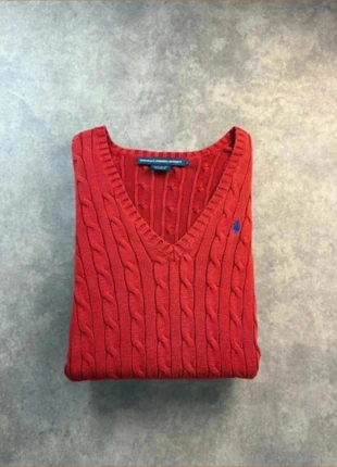 Pull col V torsadé Ralph Lauren / rouge logo brodé bleu/ taille L/ femme, merk: Ralph Lauren, staat: Heel goed, maat: L / 40 / 12, € 45,00, € 47,95 inclusief Kopersbescherming