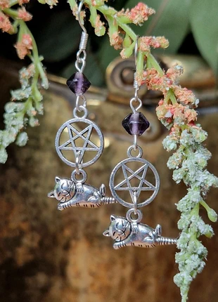Silver plated wicca witches cat pentacle purple bead dangle earrings, brand: Witch, condition: Very good, £2.00, £2.80 includes Buyer Protection