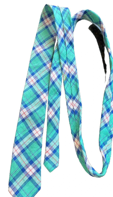 Vtg Penguin Handmade Plaid Men's 100% Linen Tie Blue Green Munsingwear Preppy 1