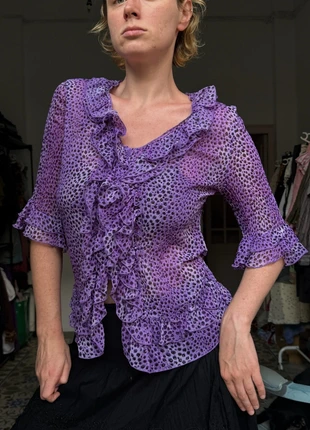 Purple Sheer Ruffle Leopard Top Blouse, estado: Muy bueno, tamaño: L / 40 / 12, 9,00 €, 10,15 € Protección al comprador incluida