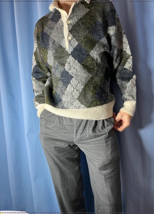 Pull vintage col polo laine made in Italy à losanges argyle sweater gris vert écru - L, brand: Vintage Dressing, condition: Good, size: L, €25.00, €26.95 includes Buyer Protection Pro