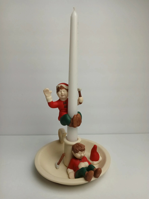 PartyLite 1990s Christmas Elves Saucerlite Bisque Porcelain Candle Stick Holder 2