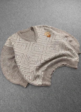 Pull à Col V Vintage 80s en Maille Marron / Crème à Motifs Monogramme à Écusson Brodé 50% Laine (L), brand: Vintage Dressing, condizioni: Buone, taglia: L, €20.00, €21.70 include la Protezione acquisti Pro