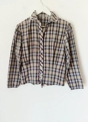 Camisa xadrez verde caqui roxo branco amarelo peter pan plissado manga balão 80s 90s vintage, marca: Vintage Dressing, estado: Muito bom, tamanho: M / 38 / 10, €10.00, €11.20 inclui Proteção do Comprador