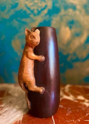Hand Carved Wooden Cat Vase-Vintage Animal Decor-Perfect Christmas 🎄 Gift, brand: Animal, condition: Very good, €15.00, €16.45 includes Buyer Protection