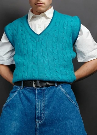 Pull / Débardeur Col V sans Manches Vintage 80s Maille Bleu Turquoise Motifs Torsades 50% Laine (M), marque: Vintage Dressing, état: Très bon état, taille: M, 19,00 €, 20,65 € Protection acheteurs (Pro) incluse