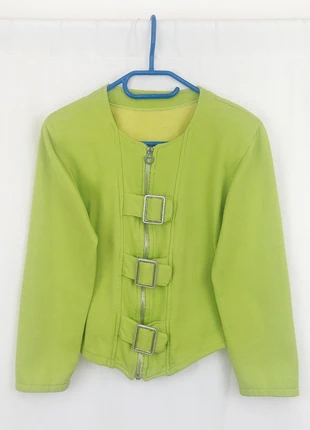Utility Belted Buckle Cropped Neon Green Jacket Vintage Y2K Streetwear Boho Chic, marca: Vintage Dressing, estado: Bom, tamanho: S / 36 / 8, €14.00, €15.40 inclui Proteção do Comprador