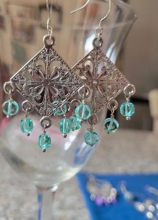 Orecchini in stile vintage con rombo traforato e pendenti verde acqua, condizioni: Ottime, €2.50, €3.33 include la Protezione acquisti