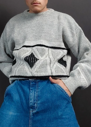 Pull Ethnic Vintage 80s Boxy Fit en Maille Chiné Gris / Noir à Motifs Imprimé Losanges 30% Laine (L), marque: Vintage Dressing, état: Très bon état, taille: L, 25,00 €, 26,95 € Protection acheteurs (Pro) incluse