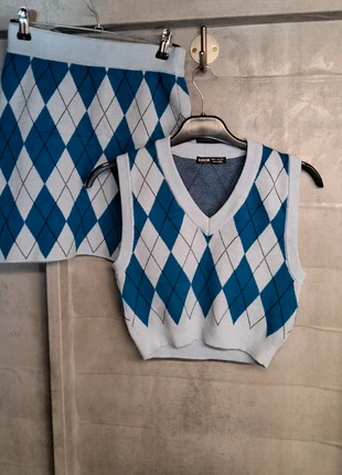 Shein Blue Argyle Knit 2 Piece Set – Mini Skirt & Crop Tank Top – Size XS, brand: Shein, condition: Very good, size: XS / 6, £2.00, £2.80 includes Buyer Protection