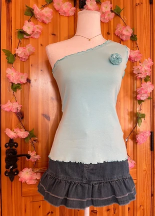 One Shoulder Aqua Top | Beaded Floral Appliqué | Ruffle Hem | 470., brand: Lolita, condition: Very good, size: L / 40 / 12, €17.50, €19.08 includes Buyer Protection