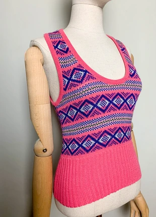 Top Pull Sans Manche Vintage Jacquard Norvégien Rose & Violet - Années 90/Y2K - T. 34 FR (XS), merk: Vintage, staat: Heel goed, maat: XS / 34 / 6, € 15,00, € 16,45 inclusief Kopersbescherming Pro