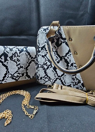 Trendy Dames Handtas & Clutch Set Slangenprint Kaki, merk: Michelle, staat: Nieuw met prijskaartje, € 30,00, € 32,20 inclusief Kopersbescherming Pro