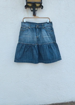 Falda azul tejana denim vaquera con volante fruncido y bolsillos, marca: Denim, estado: Bom, tamanho: L / 40 / 12, €10.00, €11.20 inclui Proteção do Comprador