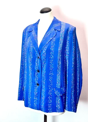 Rare 80s tailored silk jacket – bright blue with floral stripes – handmade Italy, merk: Vintage Love, staat: Heel goed, maat: L / 40 / 12, € 39,00, € 41,65 inclusief Kopersbescherming