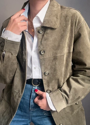 Trench long en cuir véritable vintage coupe chemise uni vert sapin / olive foncé / vert foncé, marca: Vintage Dressing, estado: Muito bom, tamanho: S / 36 / 8, €80.00, €84.70 inclui Proteção do Comprador Pro
