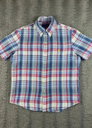 Très belle chemise en lin manches courtes Homme Ralph Lauren S rayé bleu cavalier jaune, marke: Ralph Lauren, zustand: Sehr gut, größe: S, 29,00 €, 31,15 € beinhaltet Vinted-Käuferschutz Pro