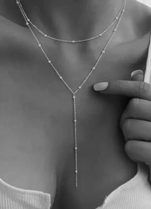 Collier en Y long maille chaîne et perles argent fantaisie double tendance style boho, état: Neuf avec étiquette, 4,99 €, 5,94 € Protection acheteurs incluse