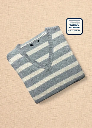 Pull Tommy Hilfiger® Authentique femme col V gris rayé taille XL Bon état THF-1030, marca: Tommy Hilfiger, estado: Bom, tamanho: XL / 42 / 14, €7.50, €8.58 inclui Proteção do Comprador Pro