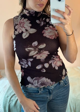 Purple Floral Glitters Tank Top Vest Top with High Neck and Racer Back Double Lined Size Small, brand: NO LABEL, condition: Very good, size: S / UK 8-10, £16.00, £17.50 includes Buyer Protection