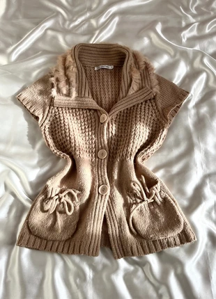 Cardigan beige en laine col fausse fourrure à poches lace - knitted y2k 2000s, marque: Top Vintage, état: Très bon état, taille: M / 38 / 10, 16,00 €, 17,50 € Protection acheteurs (Pro) incluse