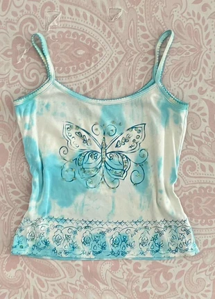 00s blue & white tie dye tank top with sequins & beads, brand: Riviera, condizioni: Buone, taglia: M / IT 42 / EU 38, €15.00, €16.45 include la Protezione acquisti